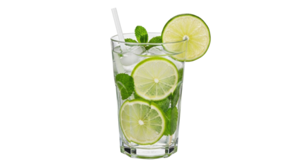 Isolated glass of mojito with lime, mint, ice, and a straw in clear summer light