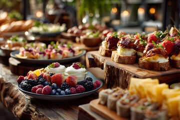 Food photography. Buffet, catering at a festive banquet of fresh fruits, snacks, sandwiches on a wooden table outdoors.