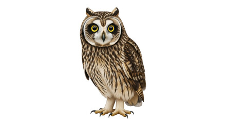 Isolated Short-eared Owl standing, a nocturnal bird of prey with piercing yellow eyes