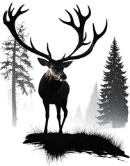 Silhouetted deer in a misty forest