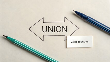 Union Message With Arrows Indicating Togetherness Placed on a Table With Pens Nearby