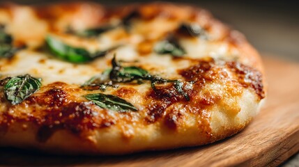 Close up of hot pizza slice with cheese and basil
