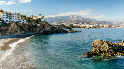Fototapeta premium The Scenic View of Málaga Beach in Spain: Clear Sea Water Transitioning Naturally with Sandy Shores, Traditional White-Walled Buildings Scattered on Cliffs, Sharp Mountain Outlines in the Background, 