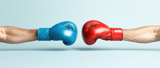 Two boxing gloves, one red and one blue, collide with powerful impact, symbolizing rivalry, competition, and energy in a minimalist background