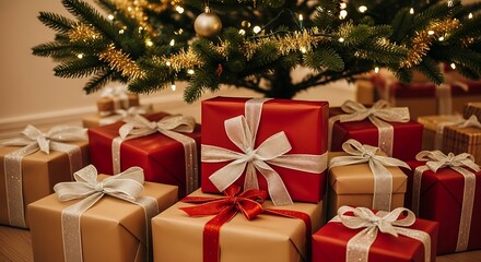 Christmas presents under a decorated tree