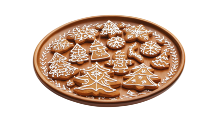 Christmas Gingerbread Cookies on Wooden Plate isolated on a transparent background