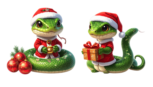 Cute Christmas viper pair in Santa suit isolated on transparent background - Powered by Adobe