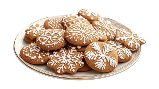 Christmas gingerbread cookies on plate isolated on a transparent background