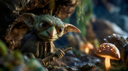 Fototapeta premium A captivating photo of a little goblin peeking from a cave, a cute and curious fantasy creature in a magical forest, a concept of discovering a shy and hidden mythical being, a portrait of a gnome.