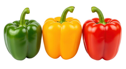 Isolated green, yellow, and red bell peppers arranged in a row ready for cooking or salad
