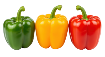 Isolated green, yellow, and red bell peppers arranged in a row ready for cooking or salad