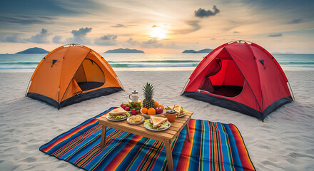 Camping tents are set up on the beach with a picnic spread at sunset near the ocean.