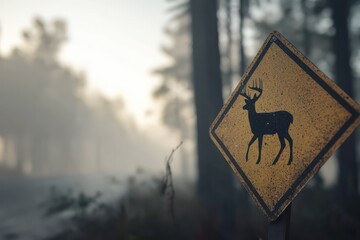 Deer Crossing Warning Sign in Foggy Forest Area Morning