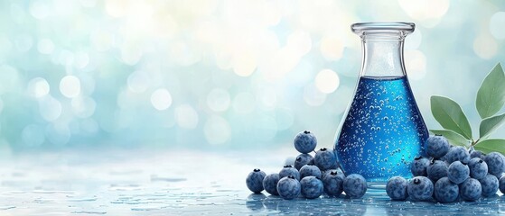 Glass bottle filled with sparkling blue liquid beside fresh blueberries, symbolizing skincare, nutrition, and vitality in a minimalist style