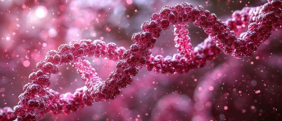 Red DNA chain glowing with light particles, symbolizing genetic science, biotechnology, and molecular research in a minimalist design