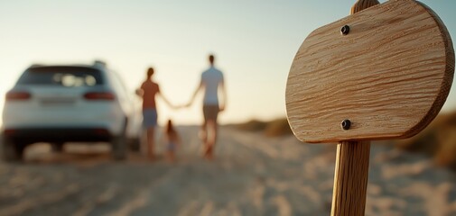 Family walking hand in hand at sandy beach near car during sunset, symbolizing vacation, togetherness, and lifestyle freedom. Ideal for travel, family blogs, car ads, and holiday inspiration.