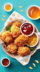 Delicious crispy fried chicken nuggets served with various colorful dipping sauces on a vibrant blue background with yellow accents and fresh greens for a tasty snack