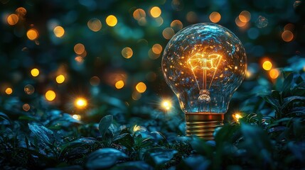 Illuminated glass lightbulb glowing in forest environment, symbolizing creativity, bright ideas, and inspiration in nature