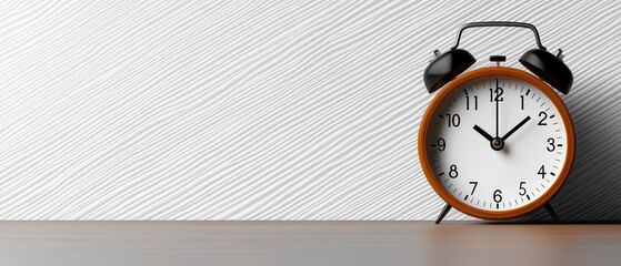 Classic alarm clock on wooden table against textured wall, symbolizing punctuality, time management, and productivity.