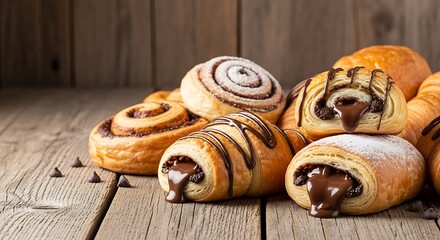 Assorted chocolate pastries on a wooden table