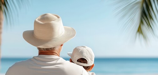 Grandfather with child looking at ocean horizon under palm leaves, symbolizing family bond, summer vacation and generational love at beach holiday
