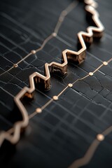 Golden 3D graph line rising on a black background, symbolizing finance, growth, data analysis, and success in a minimalist futuristic style