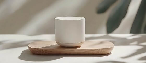 Minimalist ceramic cup on wooden tray in soft daylight, symbolizing calm, modern living, cozy interior, and slow lifestyle moments.