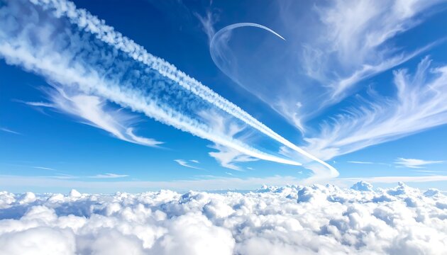Aerial view of clouds and contrails against a vibrant blue sky