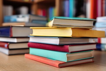 Fototapeta premium Close-up of Stack of Textbooks on Desk Education Concept