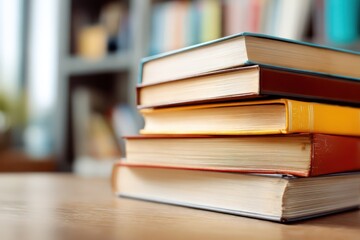Fototapeta premium Close-up of Stack of Textbooks on Desk Education Concept