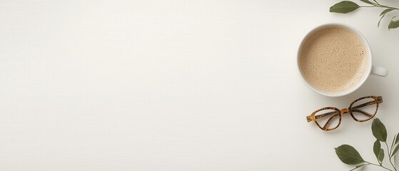 Cup of coffee with glasses on white wooden table, symbolizing morning routine, focus, relaxation, and minimalist lifestyle