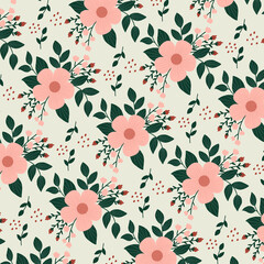 Seamless Floral Pattern with Pink Blossoms, Green Leaves, and Cream Background – Elegant Botanical Design for Spring, Textile, and Home Decor Projects