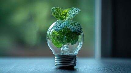 Glass light bulb with fresh green leaves inside, representing eco-friendly innovation, sustainability, and renewable energy concept