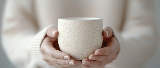 Close-up of hands holding a ceramic coffee cup, symbolizing warmth, comfort, mindfulness, and cozy minimalist lifestyle