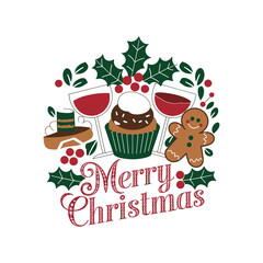 Merry Christmas Cupcake, Gingerbread Cookie, and Wine Glass Holiday Illustration