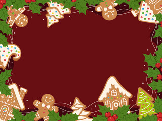 Christmas frame with gingerbread cookies, men, houses, Christmas trees and holly. Vector festive decor for greeting cards, invitations, posters, and seasonal projects. Red vector festive background.