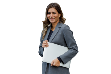 Confident businesswoman smiling, holding laptop, representing professional success and tech connectivity