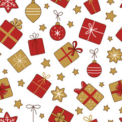 Seamless Christmas cartoon pattern with gifts, Christmas tree balls and stars. Modern festive background in red and gold colors for wrapping paper, fabric and other decorations.