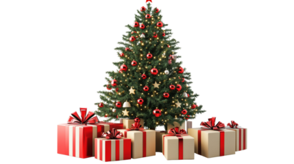 Decorated Christmas Tree with Gifts isolated on a transparent background