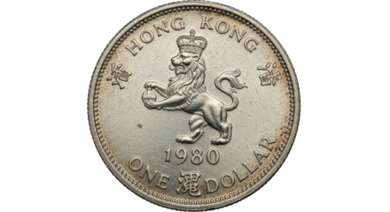 Isolated Hong Kong 1980 One Dollar coin, front face with lion emblem, collectible currency
