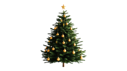 Decorated Christmas Tree with Gold Ornaments isolated on a transparent background