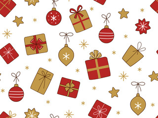 Seamless Christmas cartoon pattern with gifts, Christmas tree balls and stars. Modern festive background in red and gold colors for wrapping paper, fabric and other decorations.