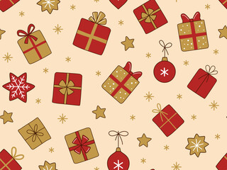Seamless Christmas cartoon pattern with gifts, Christmas tree balls and stars. Modern festive background in red and gold colors for wrapping paper, fabric and other decorations.