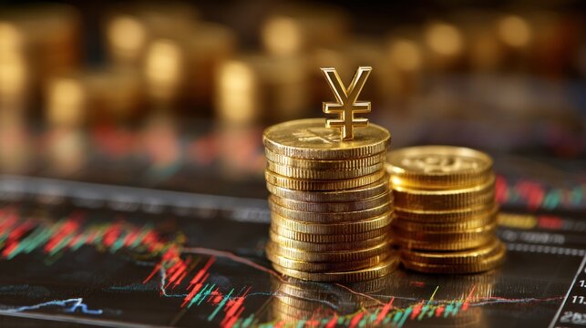 A gold yen symbol on a stack of gold coins on a stock market graph. - Powered by Adobe