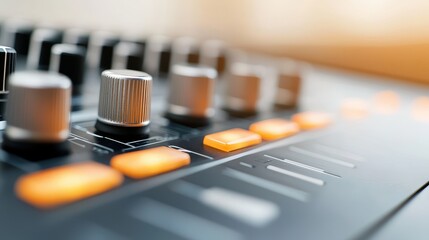 Close-up view of silver audio mixer knobs with glowing orange buttons, symbolizing precision, creativity, and modern sound control in minimalist style