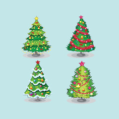 Set of Decorative Christmas Trees with Ornaments and Lights vector illustration