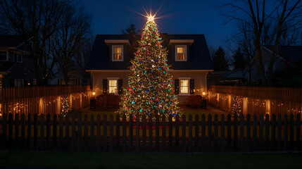 Festive Christmas Tree Lights Up House Exterior