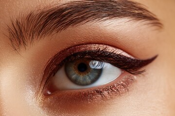 Obraz premium Young woman's eye with perfect eyeliner and shimmering makeup, beauty theme