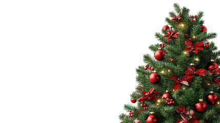 Decorated Christmas tree with red ornaments isolated on a transparent background