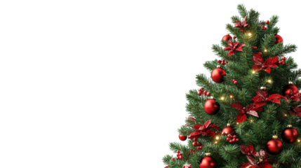 Decorated Christmas tree with red ornaments isolated on a transparent background